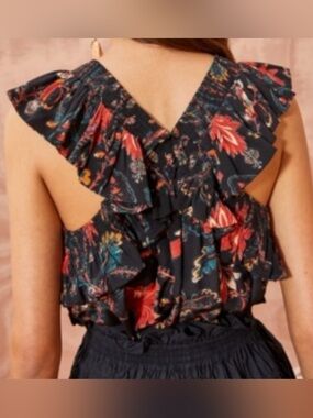 ULLA JOHNSON silk floral ruffle sleeveless blouse